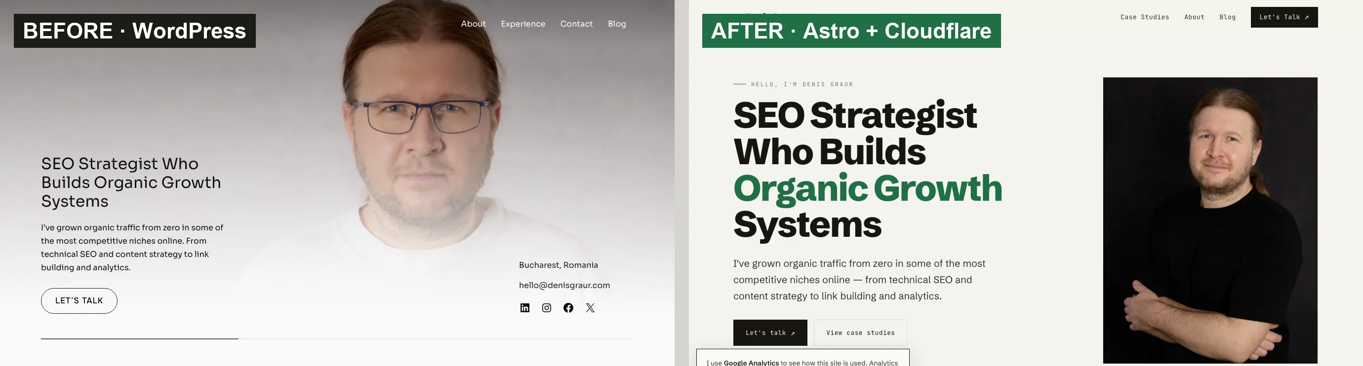 The homepage before and after the rebuild: the old WordPress site on a white background with a teal accent, beside the new Astro site on cream with a green accent and a framed portrait.