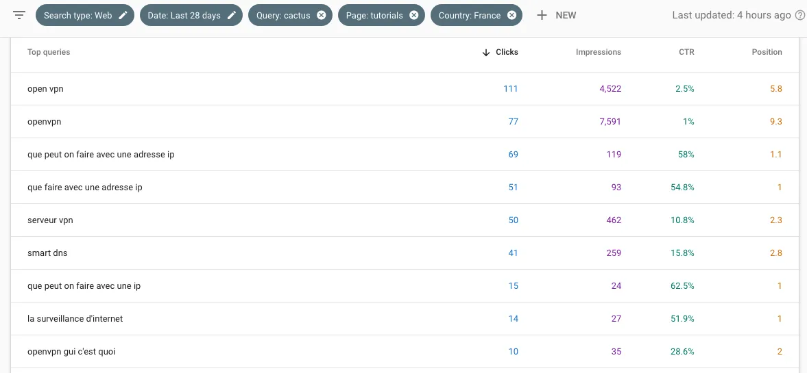 CactusVPN Google Search Console keywords France